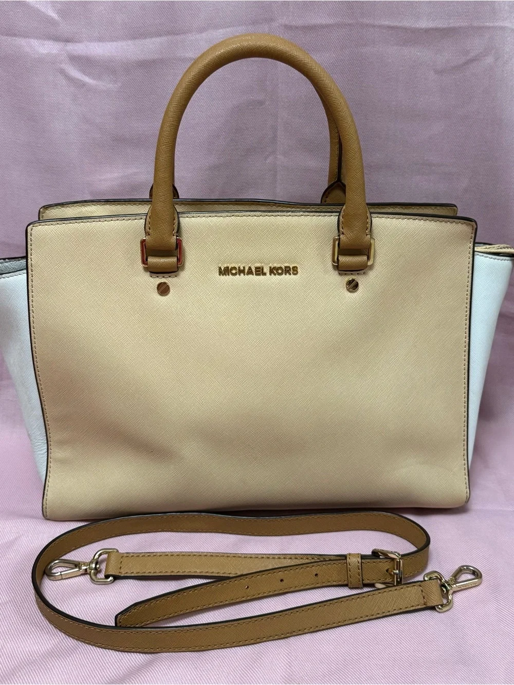 Michael Kors Selma Tan and White Saffiano Leather Satchel